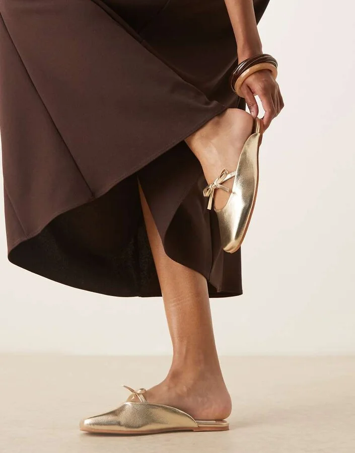 ASOS DESIGN Lilo bow mule ballet flats in gold - Image 3