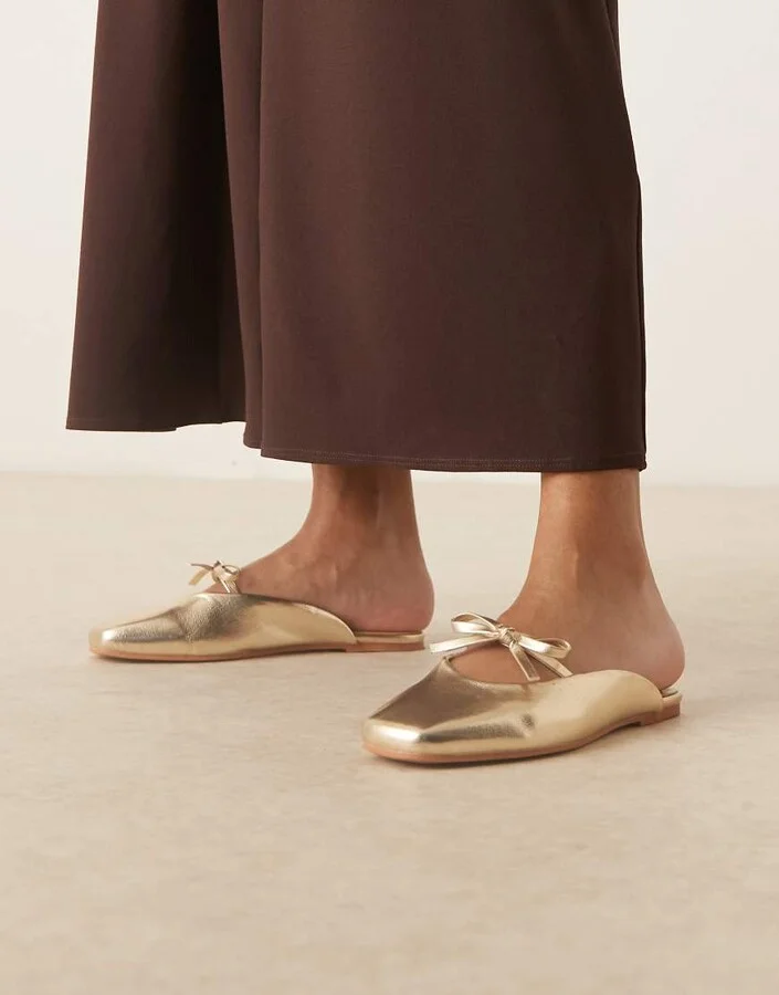 ASOS DESIGN Lilo bow mule ballet flats in gold