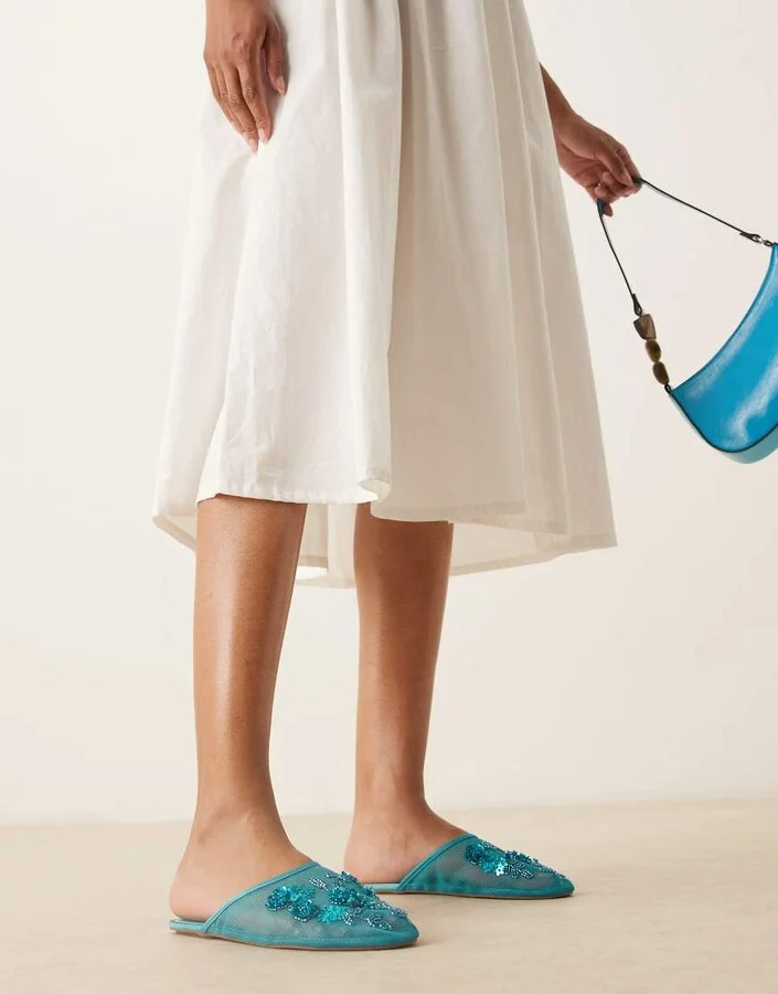 ASOS DESIGN Lilyana embellished ballet mules in blue mesh - Image 3