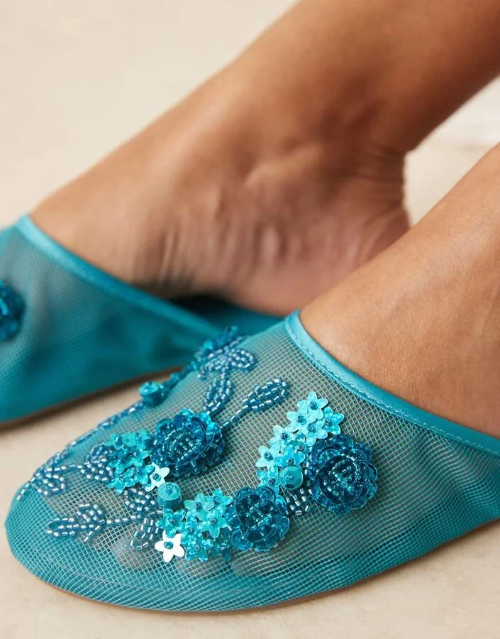 ASOS DESIGN Lilyana embellished ballet mules in blue mesh - Image 4
