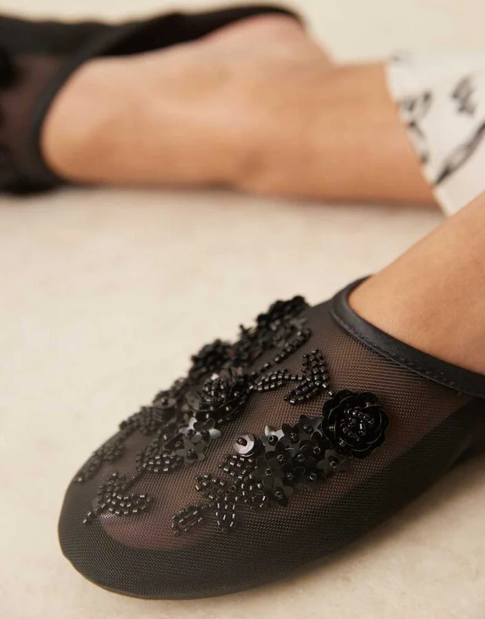 ASOS DESIGN Lilyana embellished mule ballet flats in black mesh - Image 2