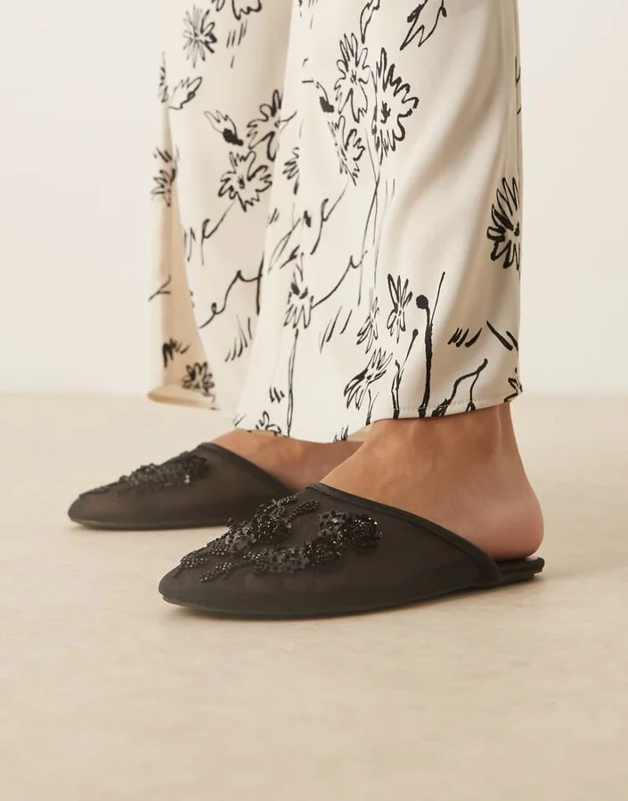 ASOS DESIGN Lilyana embellished mule ballet flats in black mesh