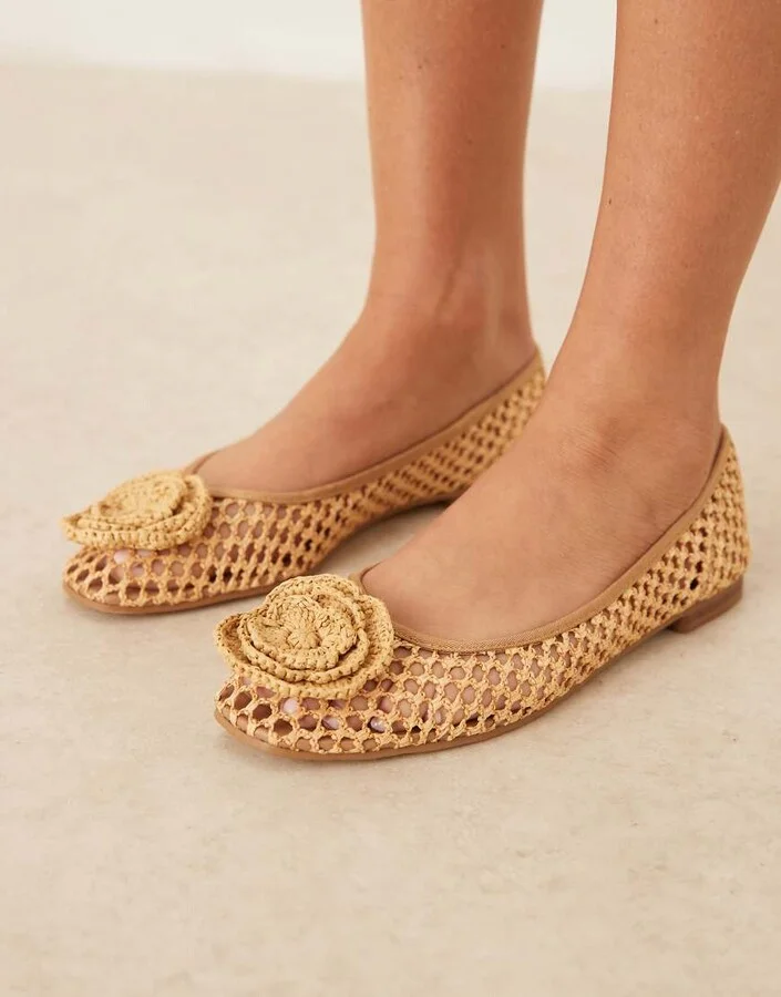 ASOS DESIGN Lilypad weave ballet flats with crochet flower
