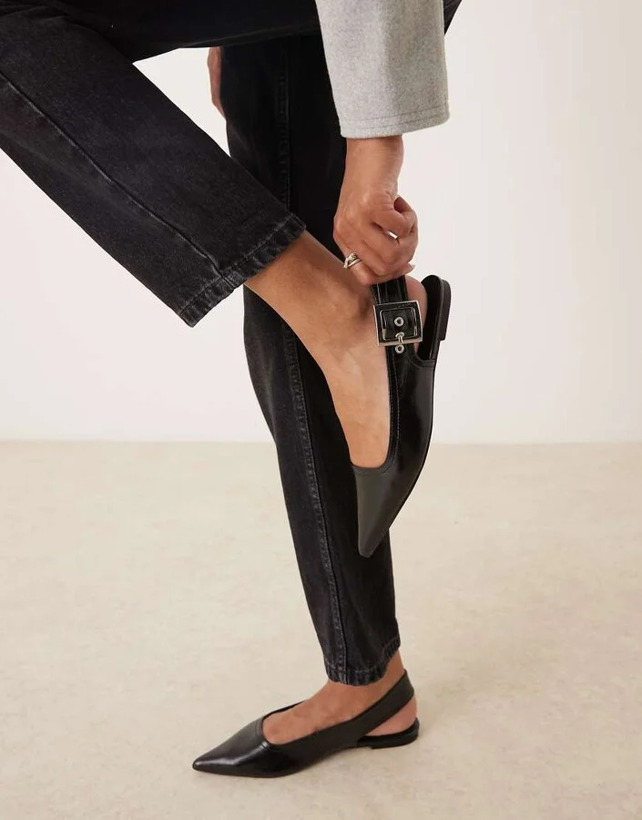 ASOS DESIGN Linear buckle detail slingback ballet flats in black - Image 2