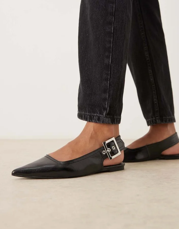 ASOS DESIGN Linear buckle detail slingback ballet flats in black