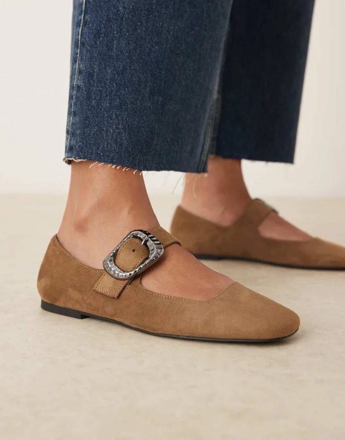 ASOS DESIGN Linton square toe mary jane ballet flats in taupe suedette