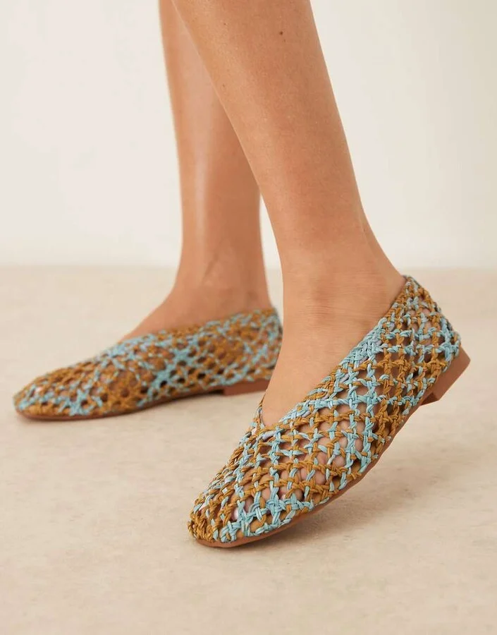 ASOS DESIGN Linus clean ballet flats in blue and natural weave mix - Image 4