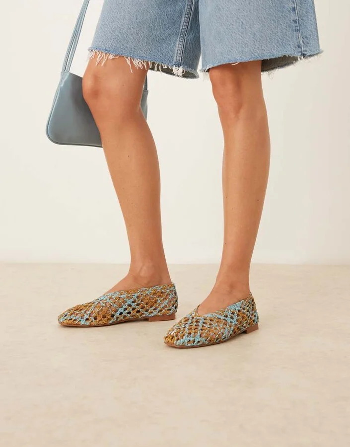 ASOS DESIGN Linus clean ballet flats in blue and natural weave mix
