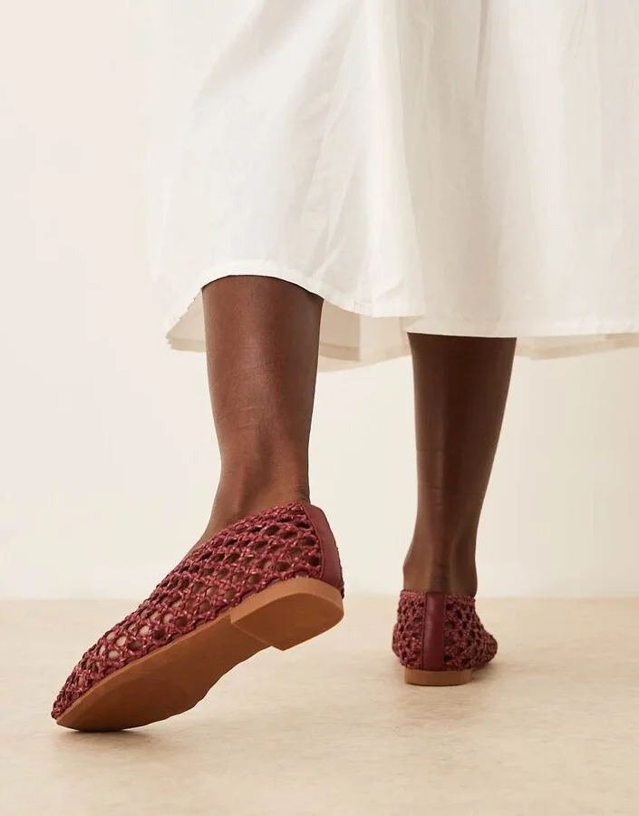 ASOS DESIGN Linus clean ballet flats in burgundy weave - Image 2
