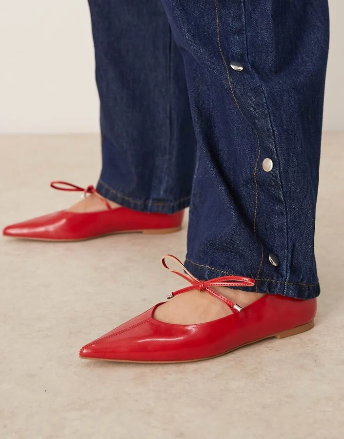 ASOS DESIGN Lithe pointed toe ballet flats with vamp tie in red - Image 2