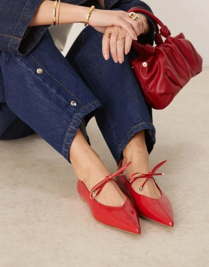 ASOS DESIGN Lithe pointed toe ballet flats with vamp tie in red