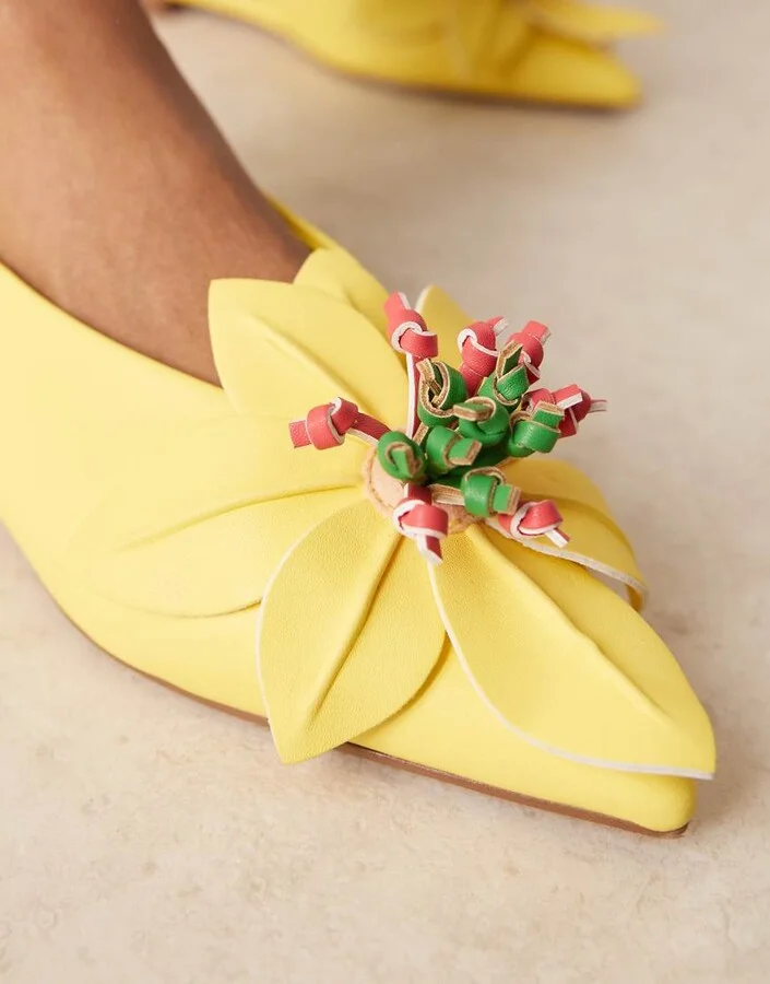 ASOS DESIGN Livia point-toe flower slingback ballets in bright yellow - Image 2