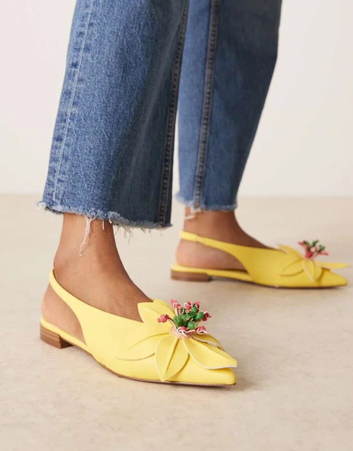 ASOS DESIGN Livia point-toe flower slingback ballets in bright yellow