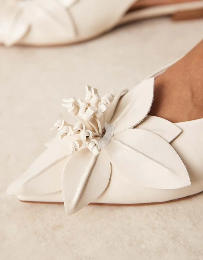 ASOS DESIGN Livia point-toe flower slingback ballets in off - Image 2