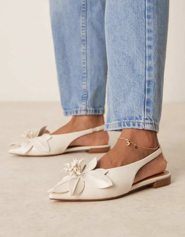 ASOS DESIGN Livia point-toe flower slingback ballets in off