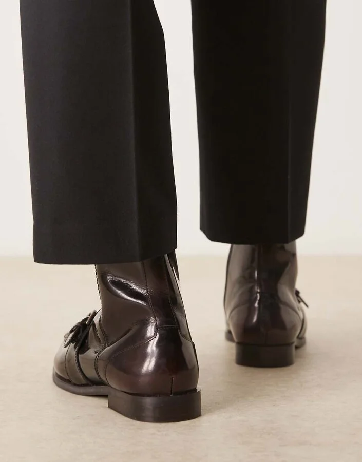 ASOS DESIGN loafer boots in brown leather with strap details - Image 4