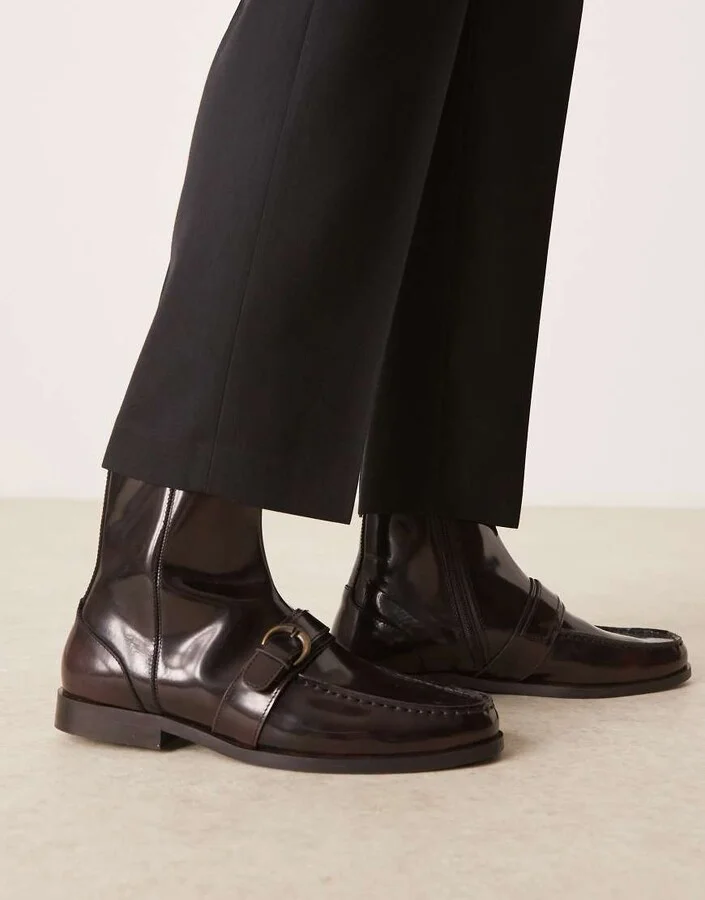 ASOS DESIGN loafer boots in brown leather with strap details