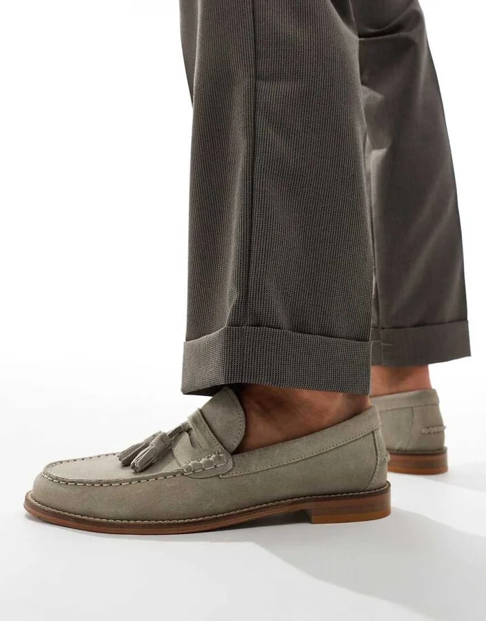 ASOS DESIGN loafer in stone suede with tassel and natural sole