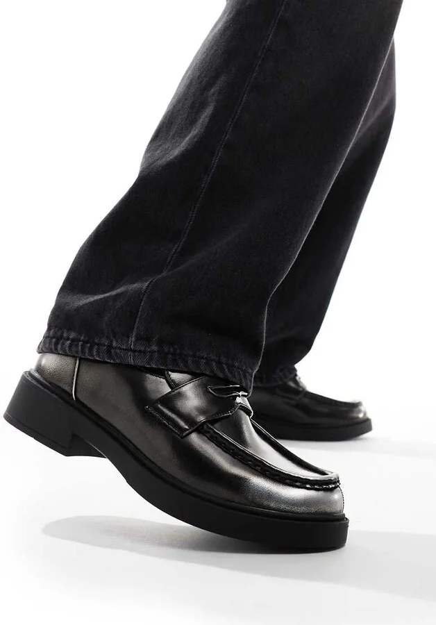 ASOS DESIGN loafers in black and silver faux leather