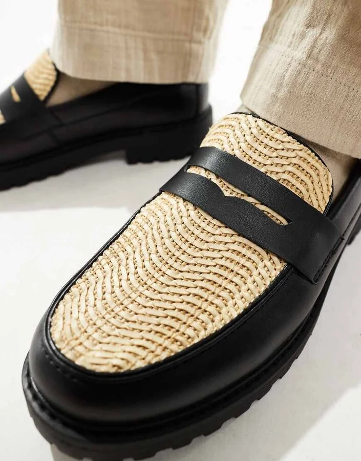 ASOS DESIGN loafers in black with natural weave - Image 3