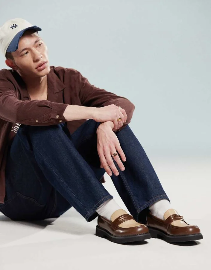ASOS DESIGN loafers in brown and beige with gold hardware