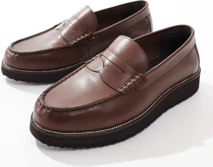ASOS DESIGN loafers in brown leather with black sole - Image 3