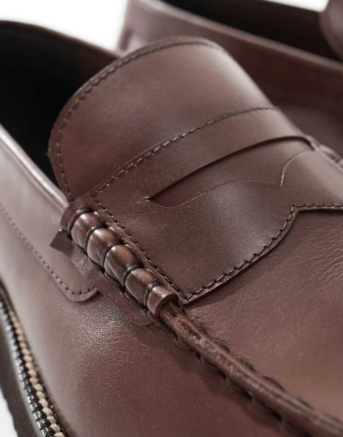 ASOS DESIGN loafers in brown leather with black sole - Image 4