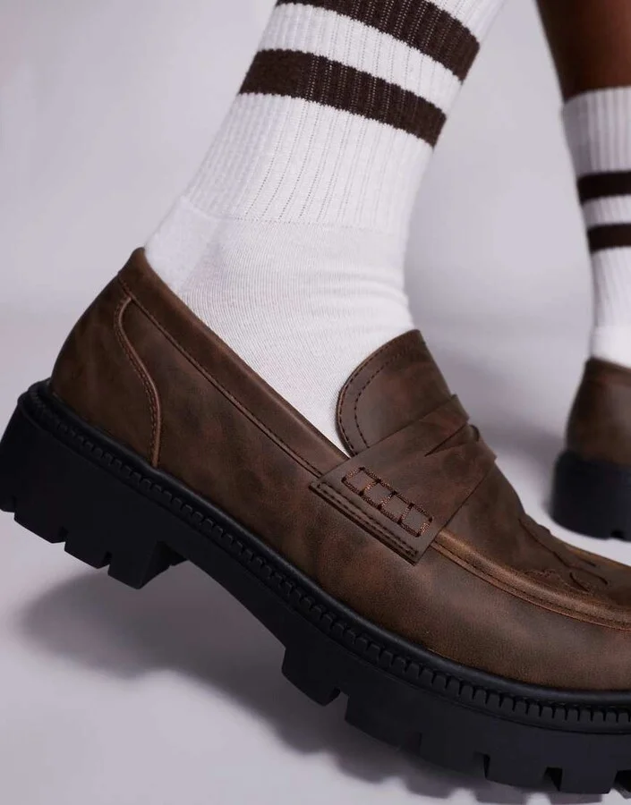 ASOS DESIGN loafers in brown with western stitch detail - Image 2