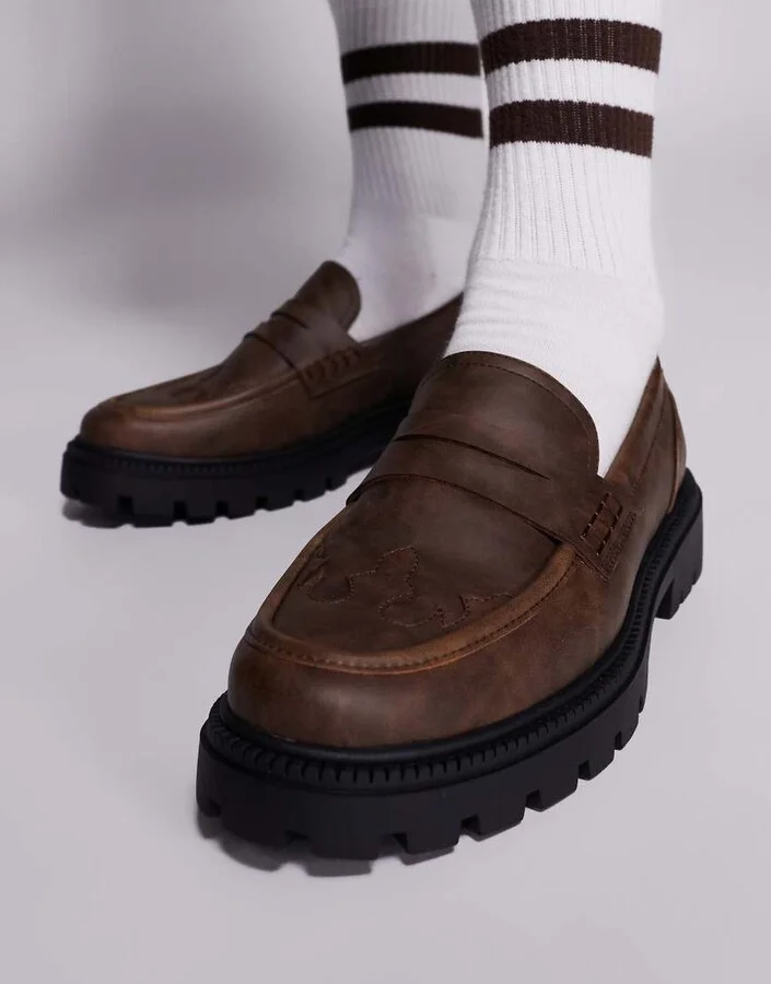 ASOS DESIGN loafers in brown with western stitch detail - Image 3