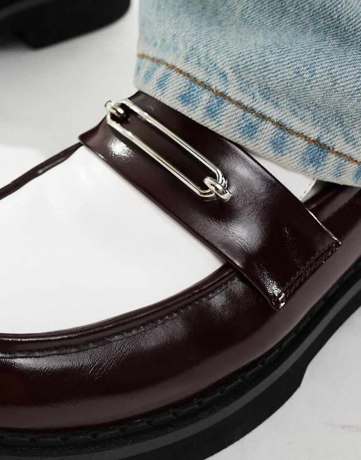 ASOS DESIGN loafers in burgundy and white with silver hardware - Image 3