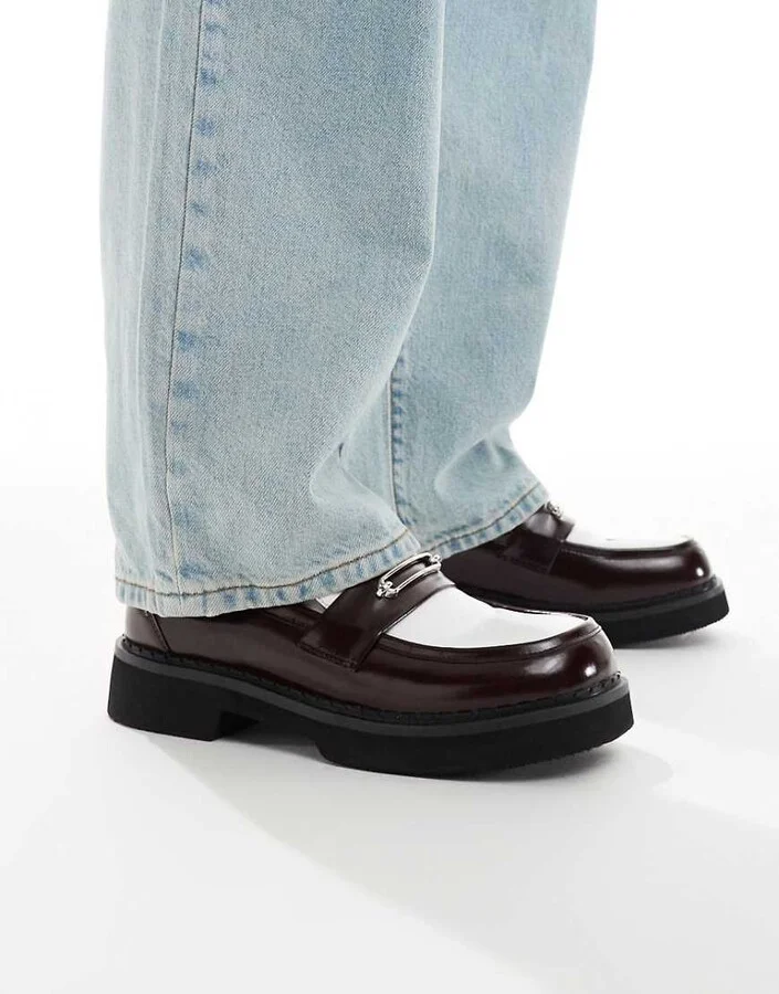 ASOS DESIGN loafers in burgundy and white with silver hardware