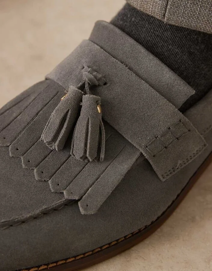 ASOS DESIGN loafers in gray suede with fringe and tassel detail - Image 3