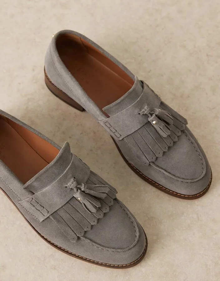 ASOS DESIGN loafers in gray suede with fringe and tassel detail