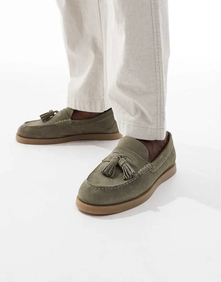 ASOS DESIGN loafers in khaki suede with tassels
