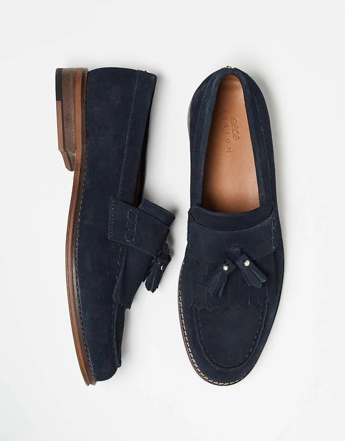 ASOS DESIGN loafers in navy suede with fringing - Image 2