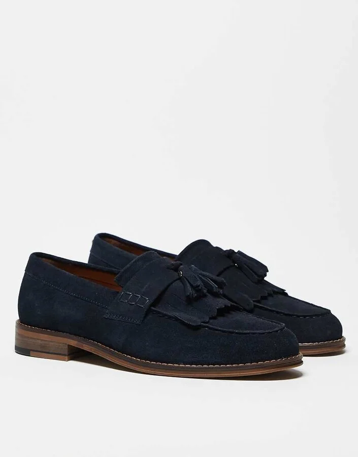 ASOS DESIGN loafers in navy suede with fringing - Image 3