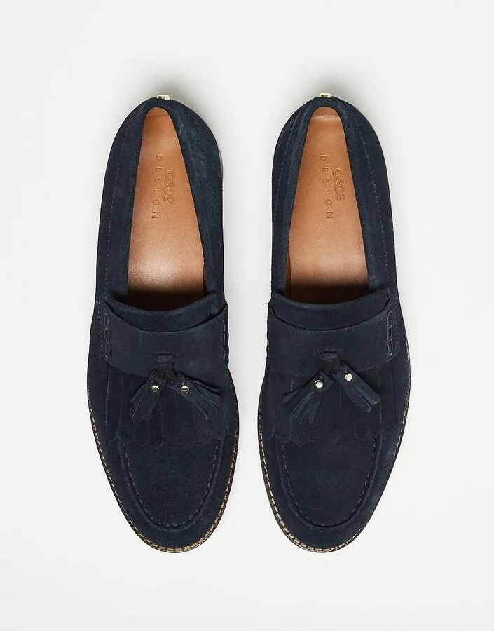 ASOS DESIGN loafers in navy suede with fringing - Image 4