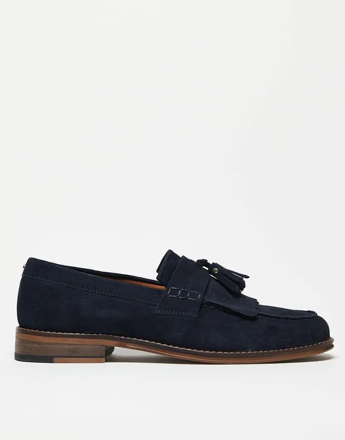ASOS DESIGN loafers in navy suede with fringing