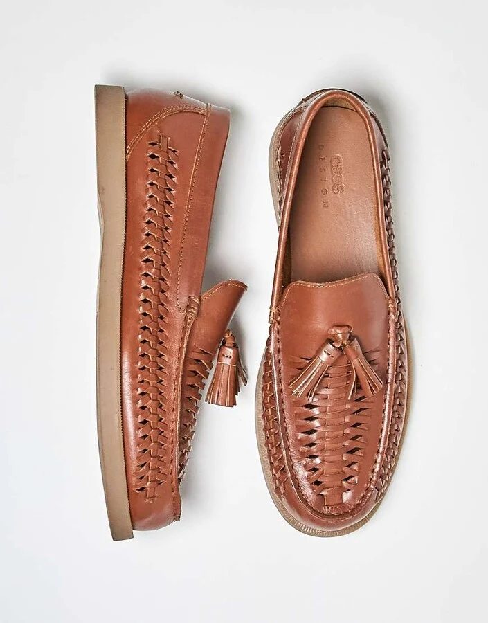 ASOS DESIGN loafers in tan leather with weave - Image 2