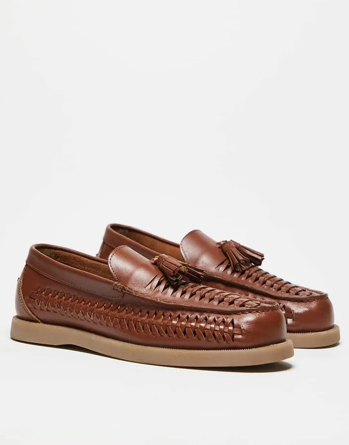 ASOS DESIGN loafers in tan leather with weave - Image 3
