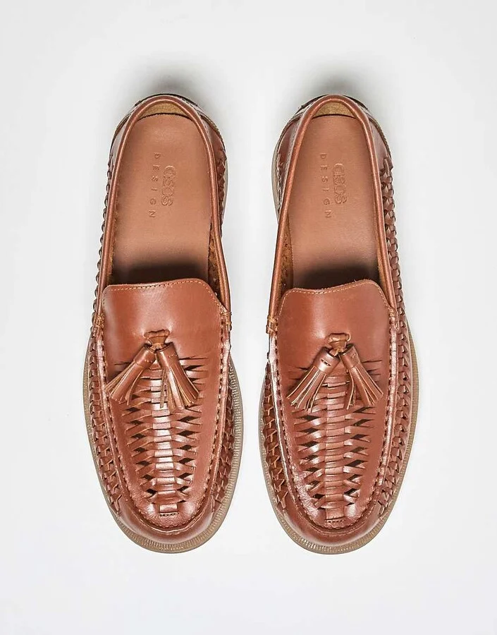 ASOS DESIGN loafers in tan leather with weave - Image 4