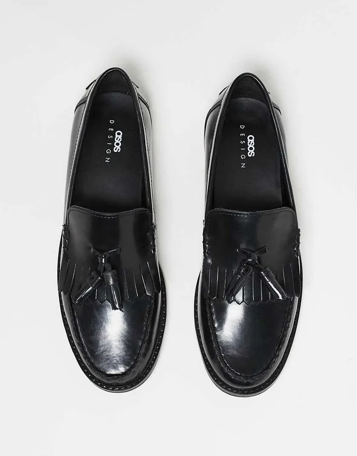 ASOS DESIGN loafers with fringe detail in polished black leather - Image 3