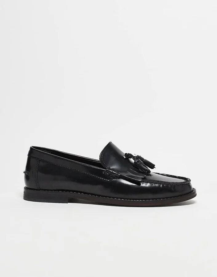ASOS DESIGN loafers with fringe detail in polished black leather