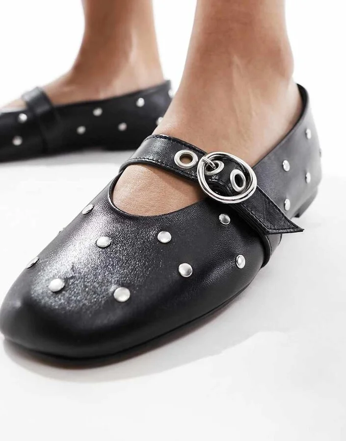 ASOS DESIGN Locke Premium leather studded Mary Jane ballet in black - Image 2
