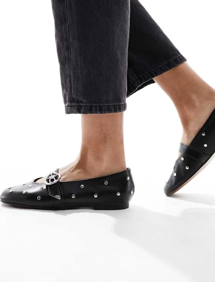 ASOS DESIGN Locke Premium leather studded Mary Jane ballet in black - Image 4