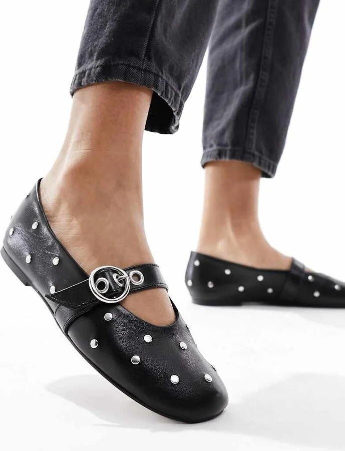 ASOS DESIGN Locke Premium leather studded Mary Jane ballet in black