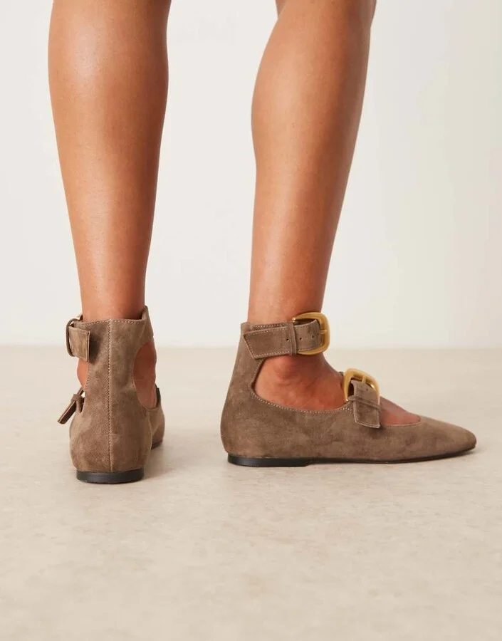 ASOS DESIGN Lorna oversized buckle mary jane ballet flats in brown suede - Image 2