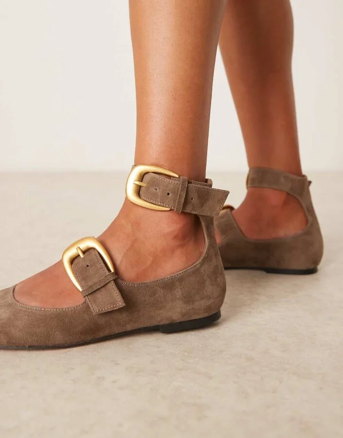 ASOS DESIGN Lorna oversized buckle mary jane ballet flats in brown suede - Image 3