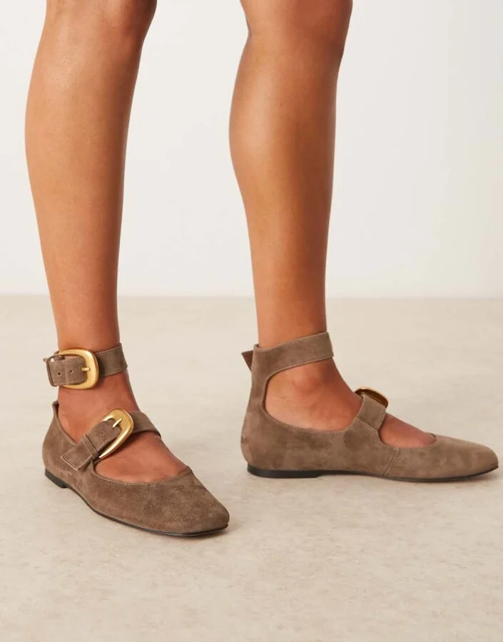 ASOS DESIGN Lorna oversized buckle mary jane ballet flats in brown suede - Image 4
