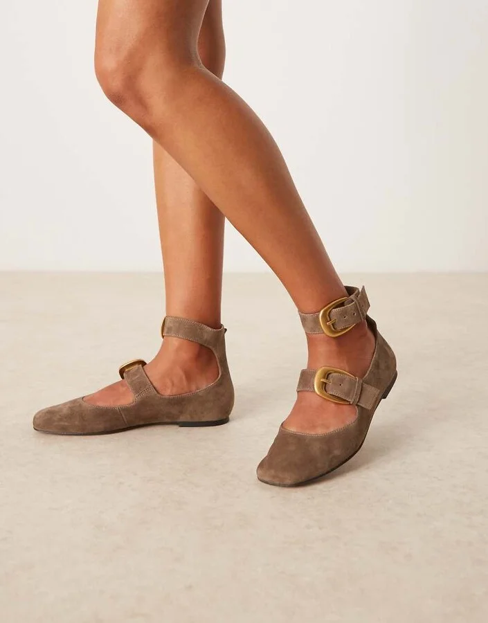 ASOS DESIGN Lorna oversized buckle mary jane ballet flats in brown suede